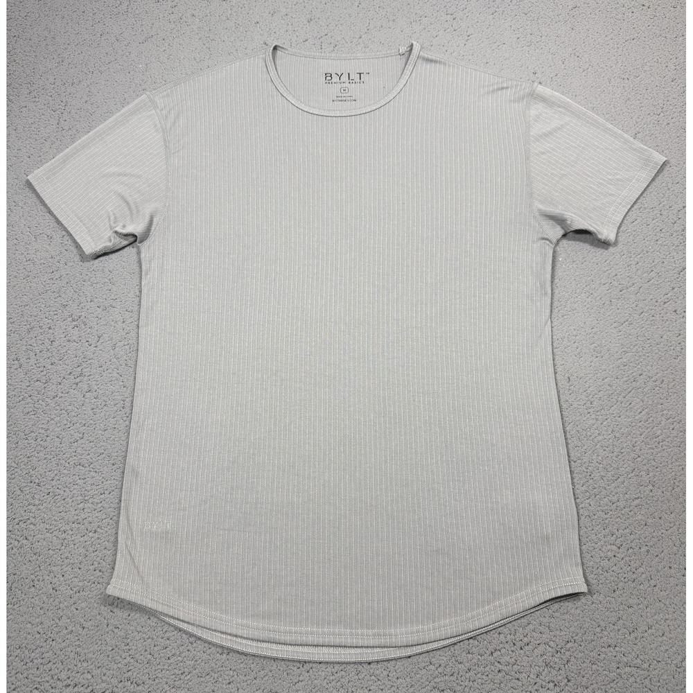BYLT Shirt Mens Medium Gray Short Sleeve Curved Hem Striped Tee Tagless Casual